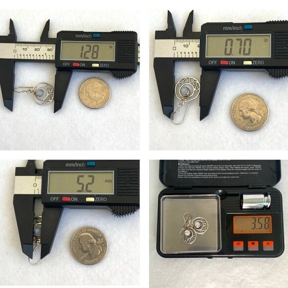 Sterling Silver 925 Round Moonstone Cabochon Round Scrollwork Dangle Earrings - Picture 10 of 16